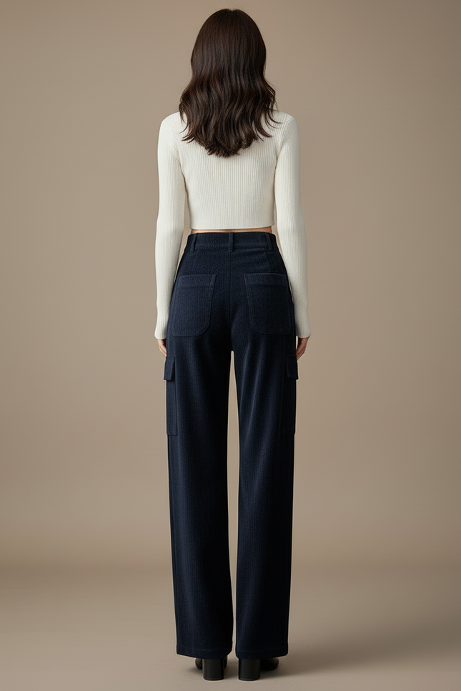 Pantalon Cargo Bleu Marine Côtelé Ample Femme - Cordé - vue 2