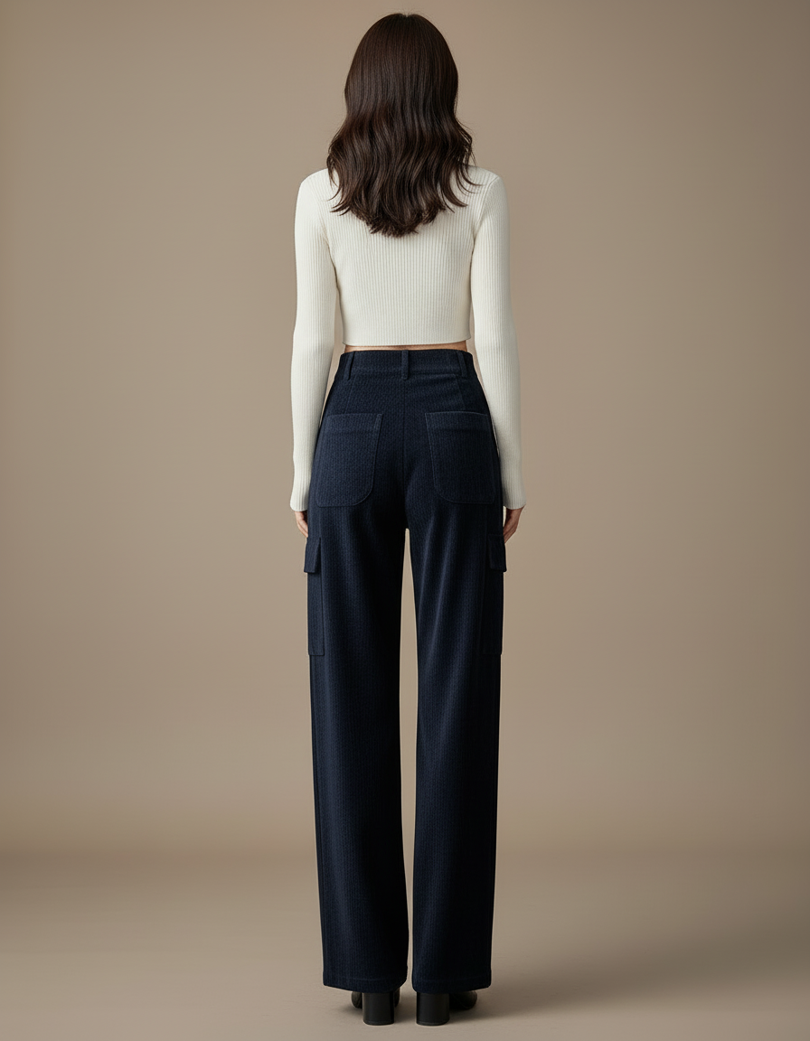 Pantalon Cargo Bleu Marine Côtelé Ample Femme - Cordé - vue 2