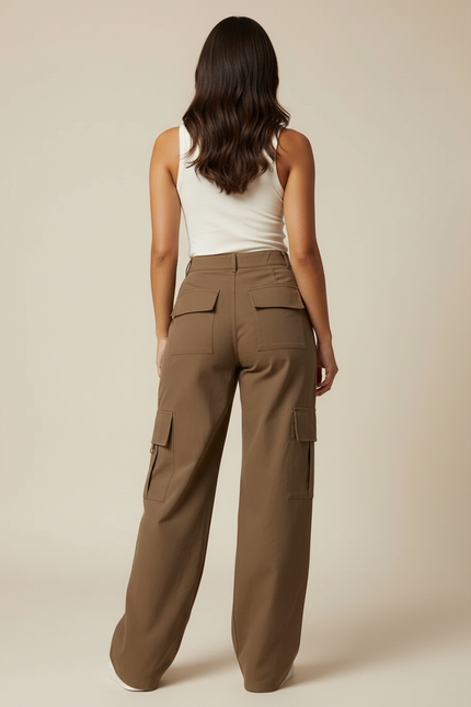 Pantalon Cargo Marron Ample Taille Haute Femme - Kaki Gabardine - vue 2