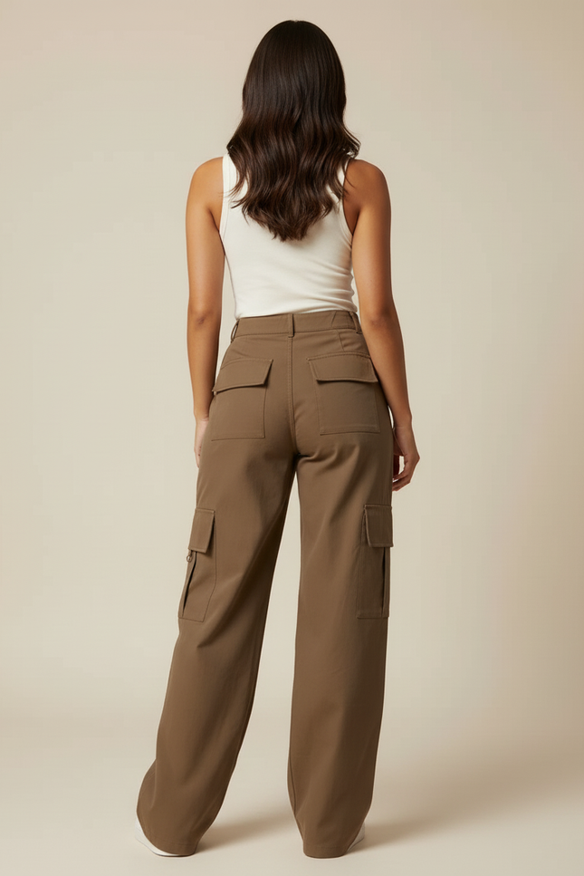 Pantalon Cargo Marron Ample Taille Haute Femme - Kaki Gabardine - vue 2