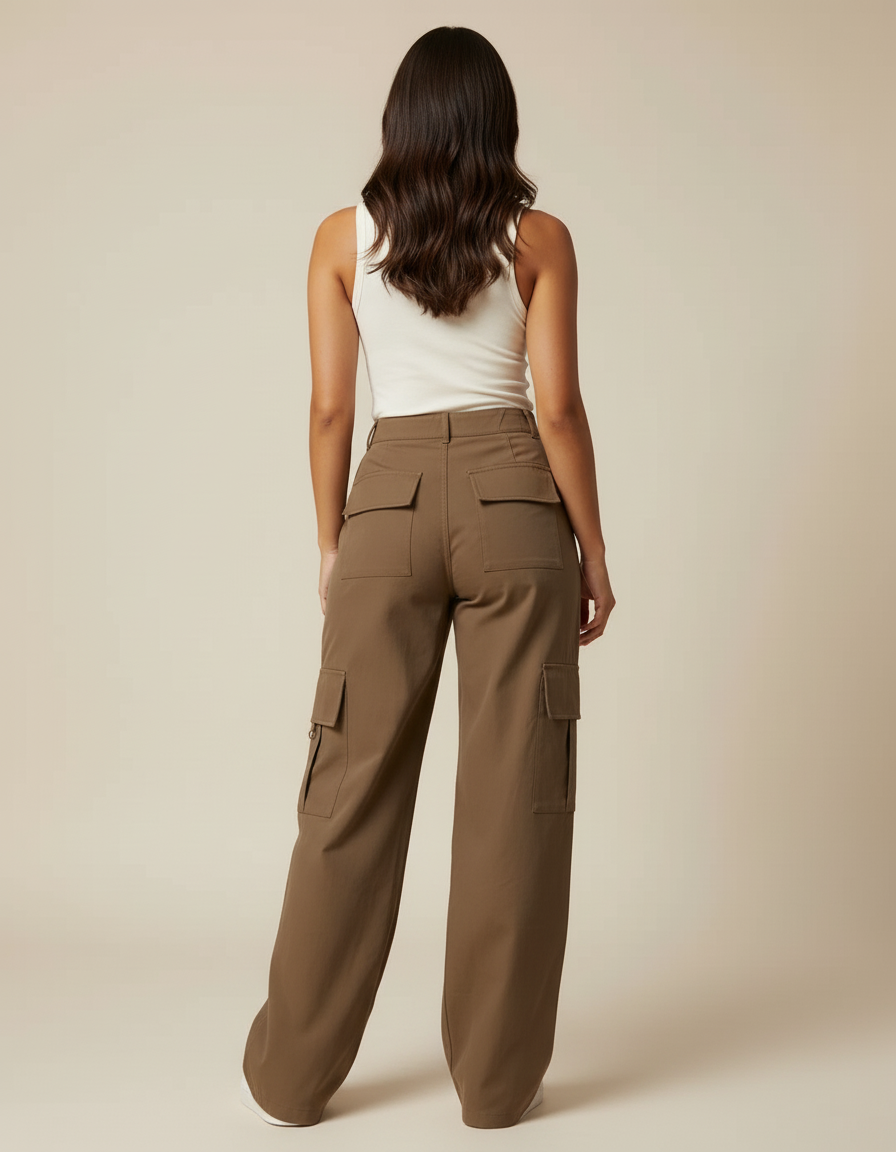 Pantalon Cargo Marron Ample Taille Haute Femme - Kaki Gabardine - vue 2