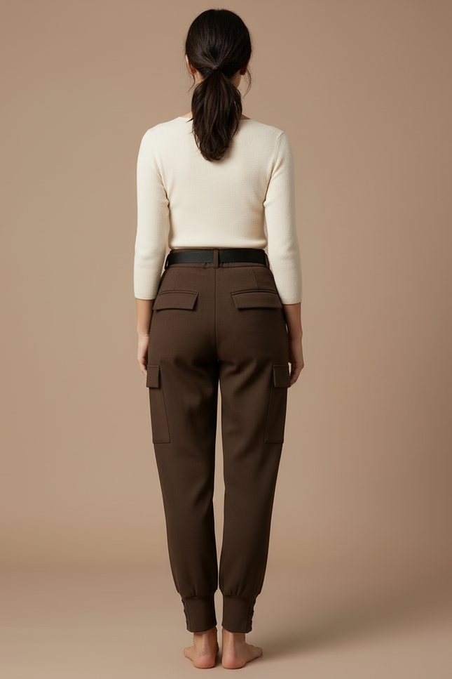 Pantalon Cargo Marron Laine Ample Taille Haute - vue 2