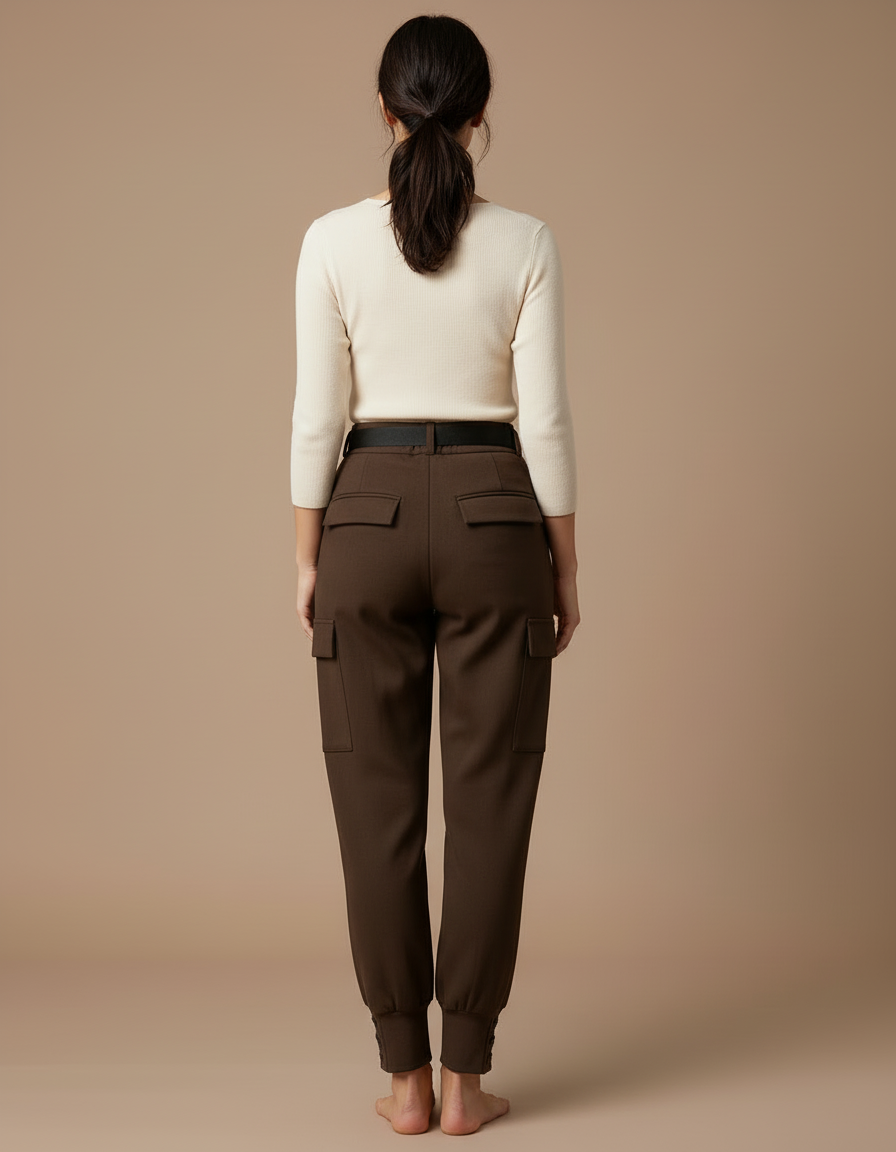 Pantalon Cargo Marron Laine Ample Taille Haute - vue 2