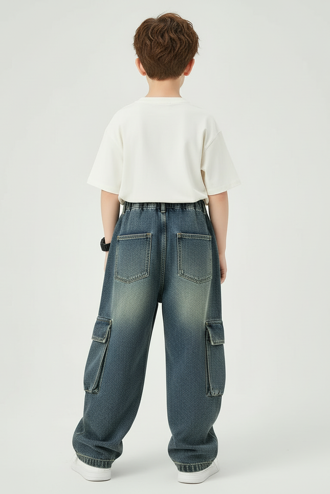 Pantalon Cargo Enfant Jean Ample Délavé Poches - Bleu - vue 2