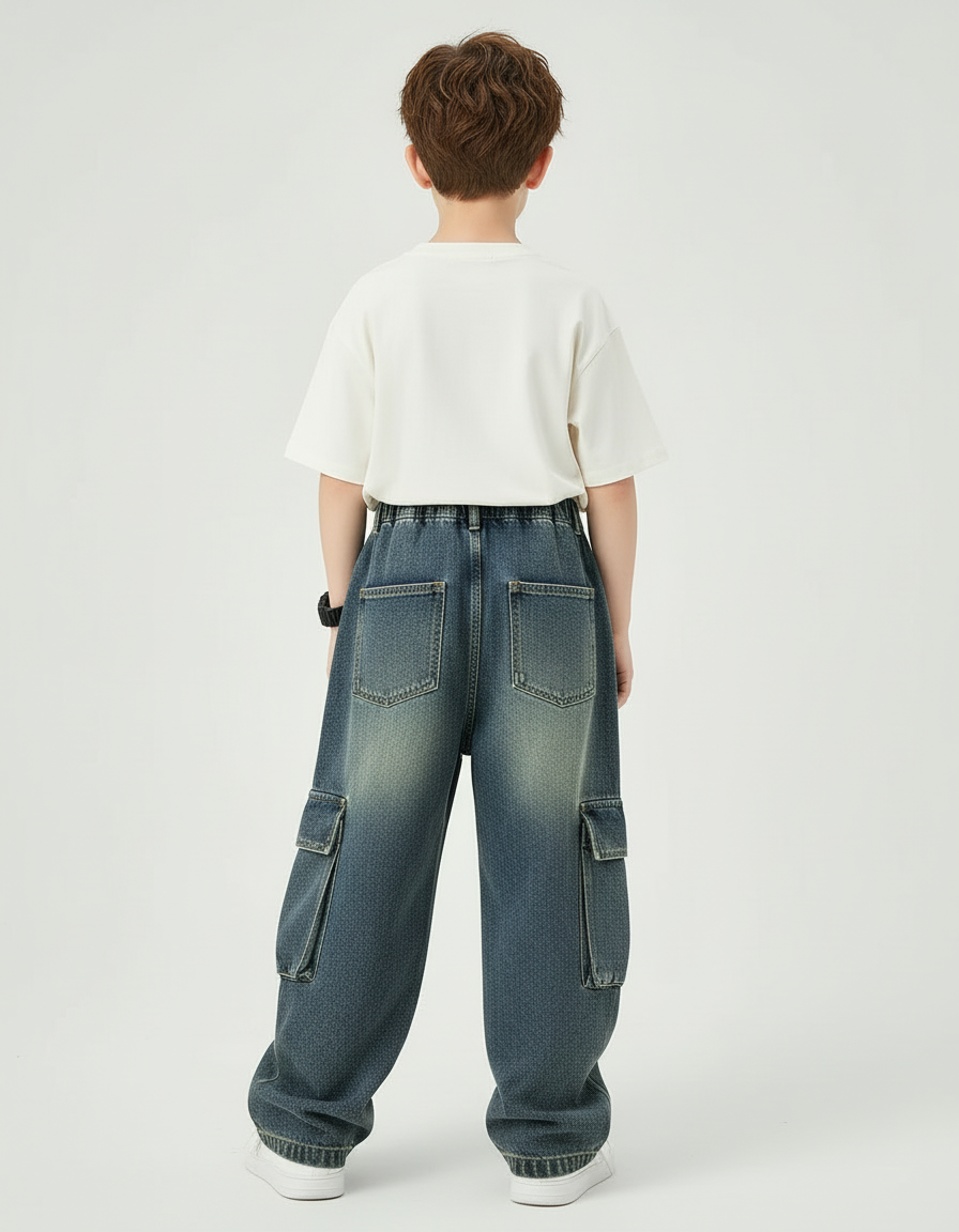 Pantalon Cargo Enfant Jean Ample Délavé Poches - Bleu - vue 2
