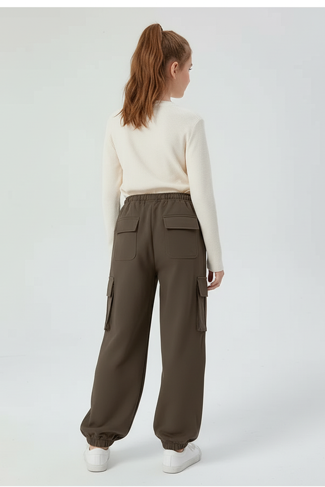 Pantalon Cargo Marron Ample Taille Élastique Fille - Kaki Molleton - vue 2