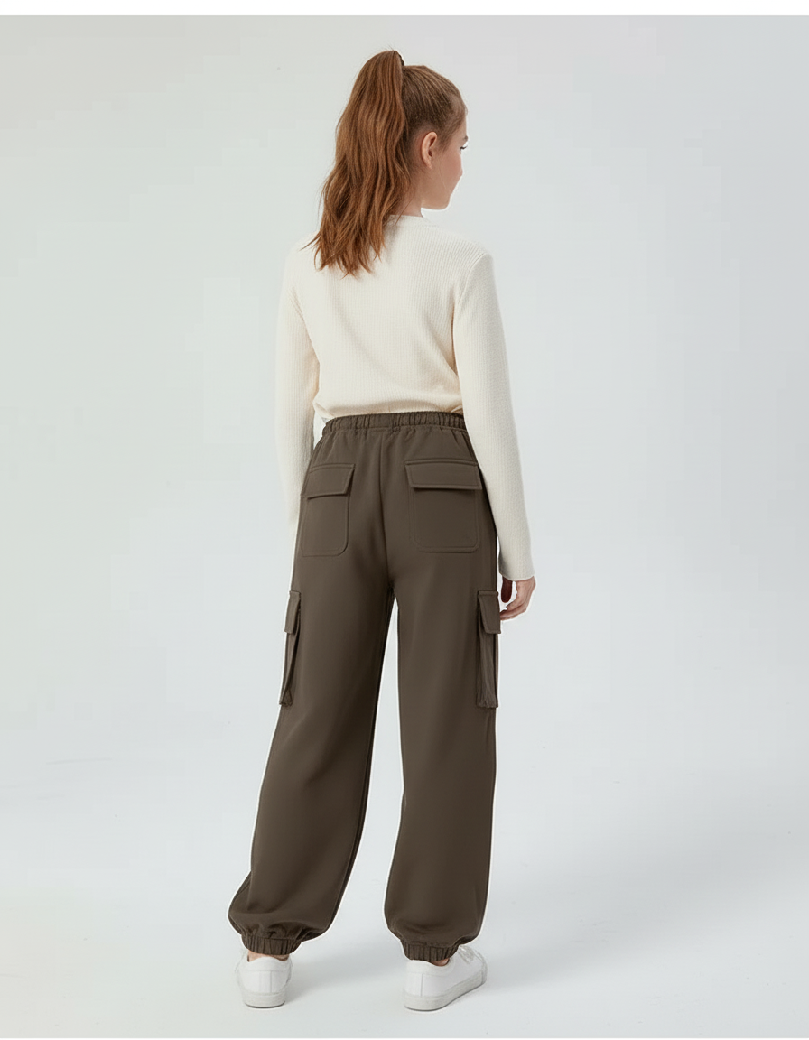 Pantalon Cargo Marron Ample Taille Élastique Fille - Kaki Molleton - vue 2