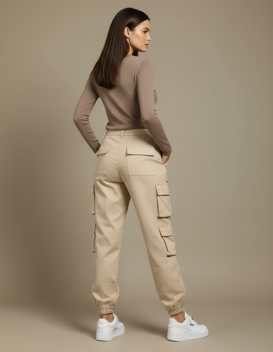 Pantalon Cargo Beige Multipoches Décontracté Femme - Gabardine - vue 2