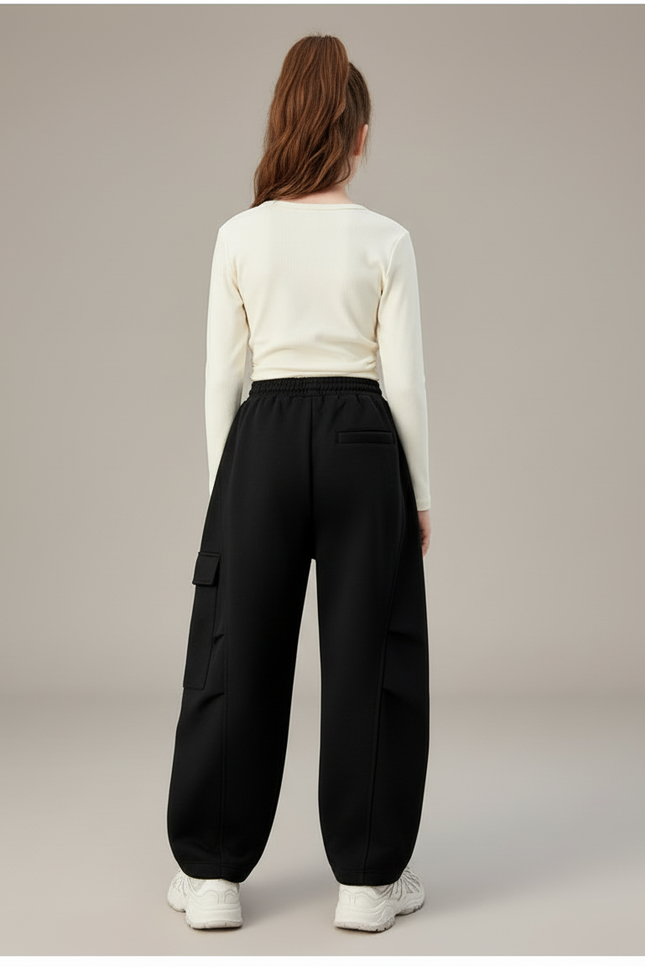 Pantalon Cargo Noir Ample Décontracté Molletonné Fille - vue 2
