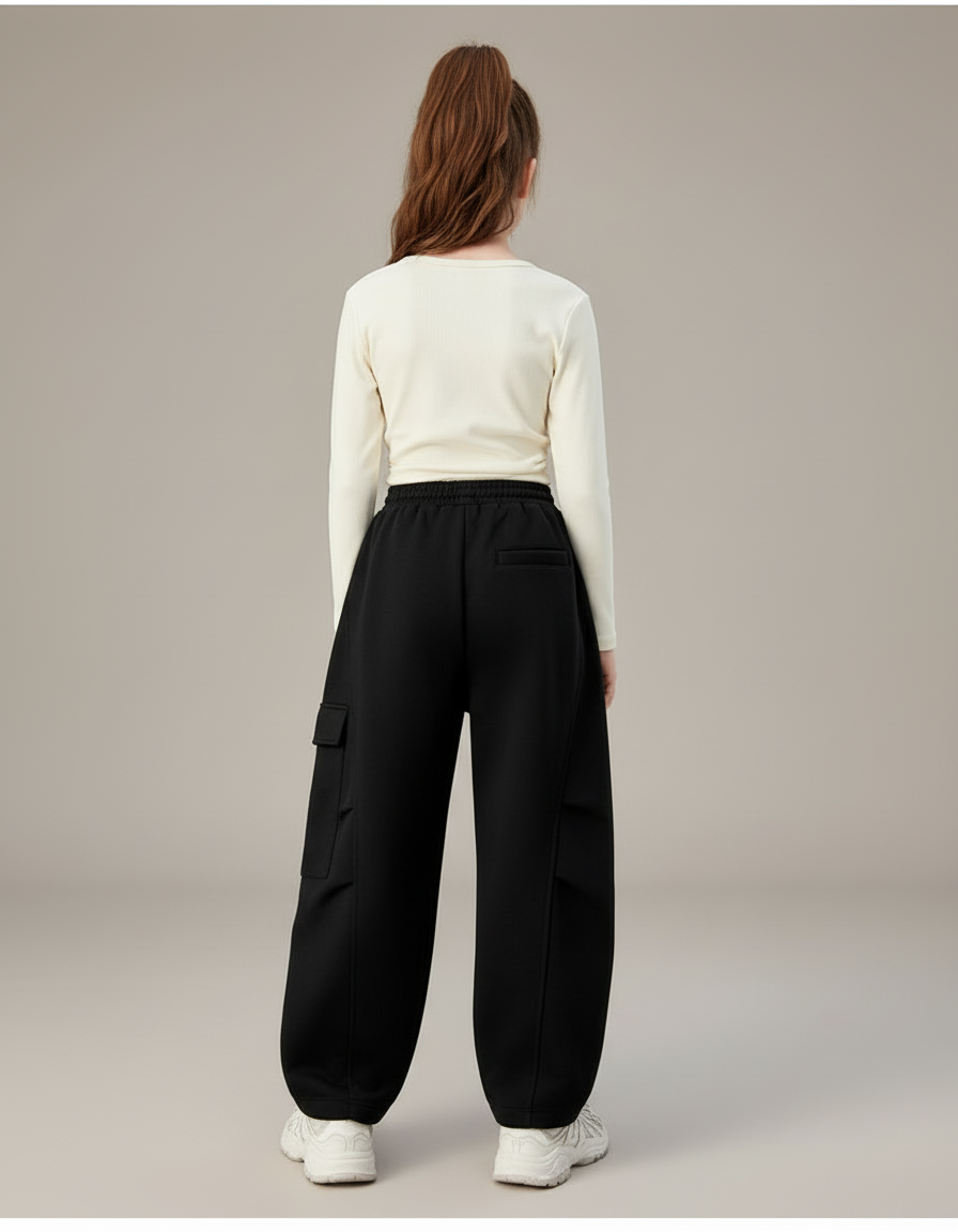 Pantalon Cargo Noir Ample Décontracté Molletonné Fille - vue 2
