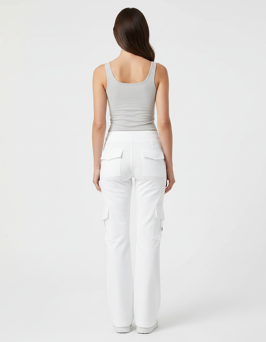 Pantalon Cargo Blanc Coupe Droite Décontracté Poches - Toile - vue 2