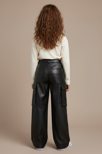 Pantalon Cargo Noir Similicuir Ample Taille Haute - Simili cuir - vue 2