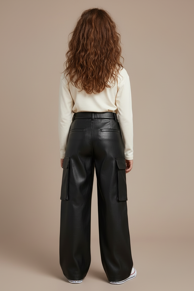 Pantalon Cargo Noir Similicuir Ample Taille Haute - Simili cuir - vue 2