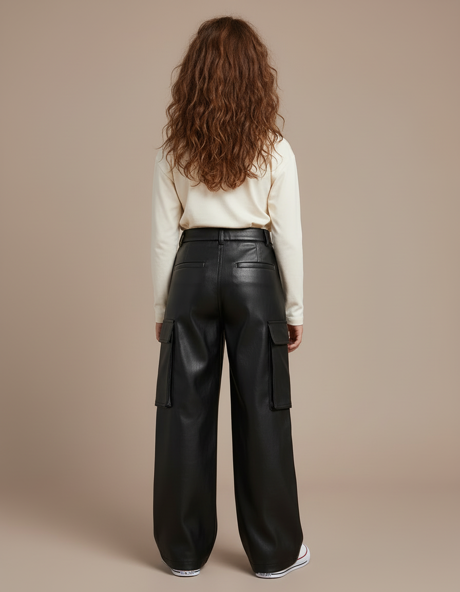 Pantalon Cargo Noir Similicuir Ample Taille Haute - Simili cuir - vue 2