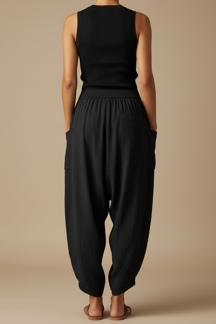 Pantalon Cargo Noir Fluide Ample Coton Lin - vue 2