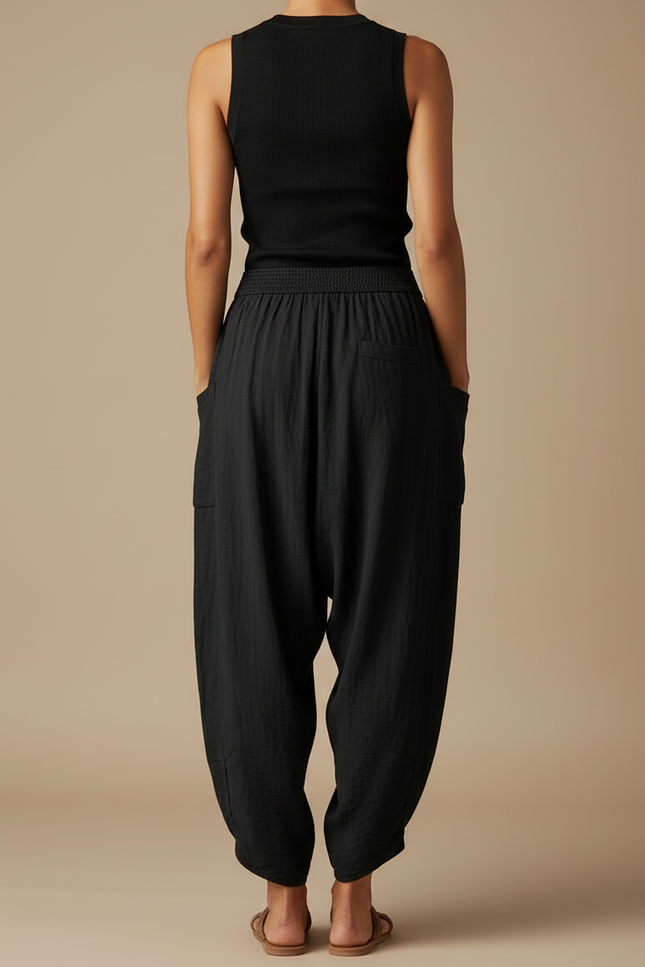 Pantalon Cargo Noir Fluide Ample Coton Lin - vue 2