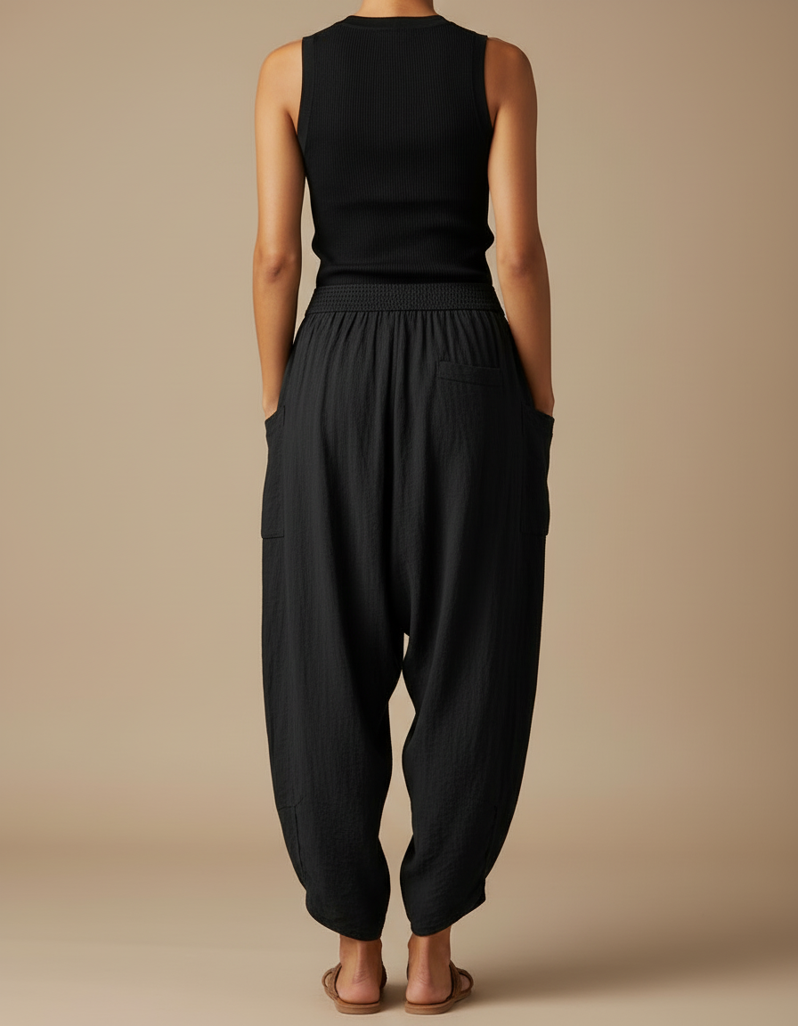 Pantalon Cargo Noir Fluide Ample Coton Lin - vue 2