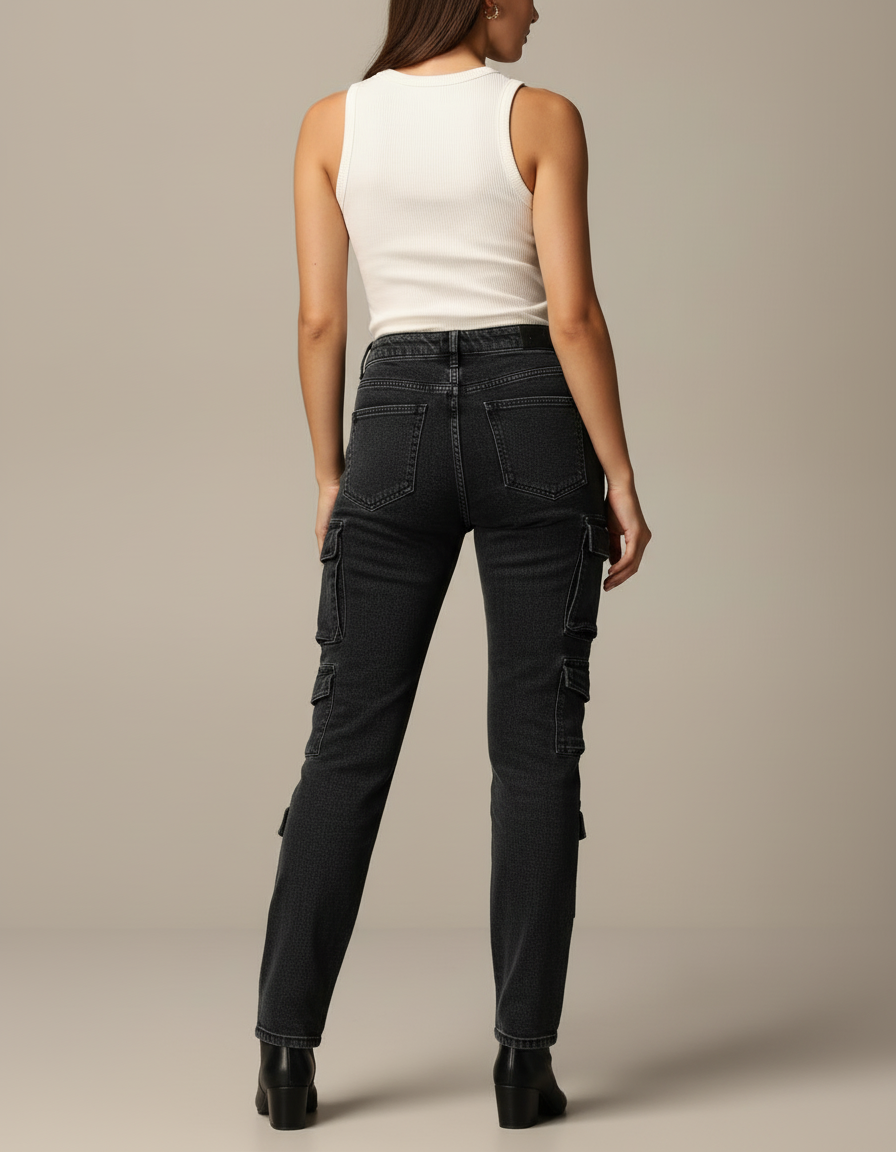 Pantalon Cargo Noir Slim Multipoches Denim Femme - Jean - vue 2