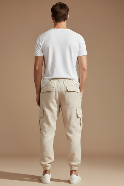 Pantalon Cargo Beige Lin Coton Décontracté Homme - vue 2