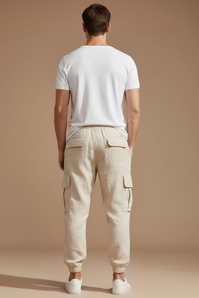 Pantalon Cargo Beige Lin Coton Décontracté Homme - vue 2