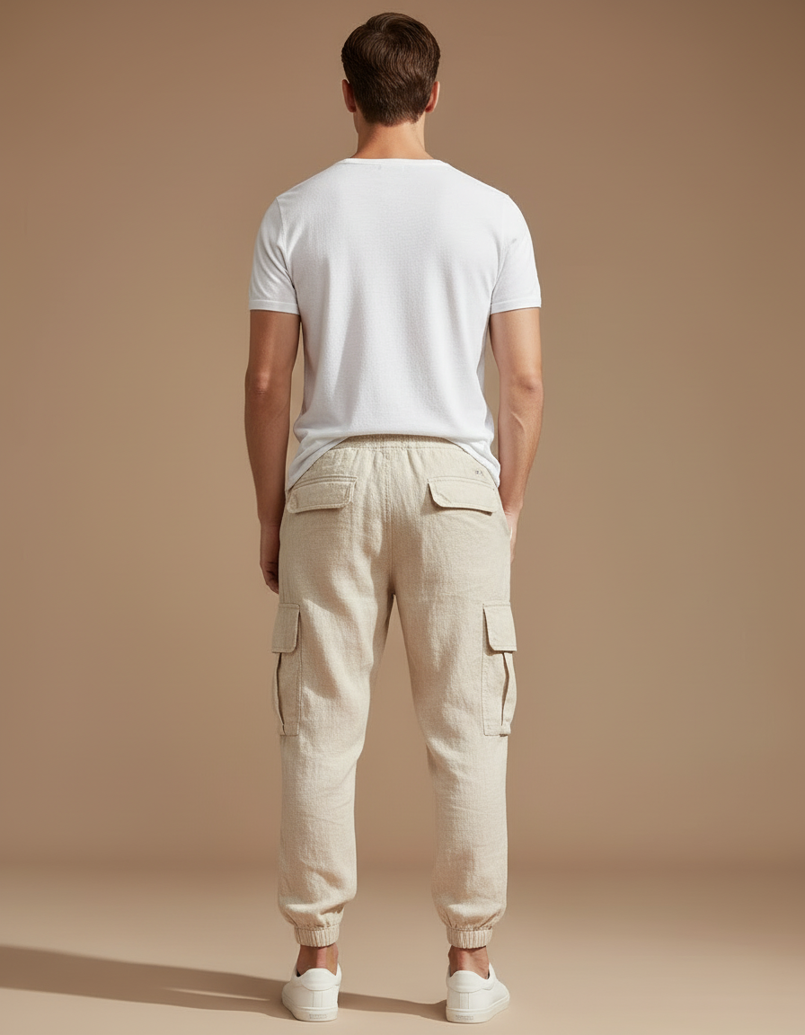 Pantalon Cargo Beige Lin Coton Décontracté Homme - vue 2