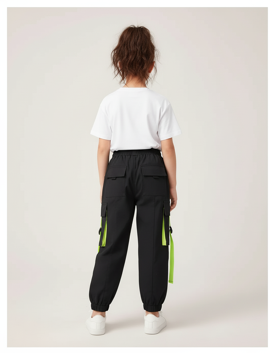 Pantalon Cargo Noir Fluorescent Multipoches Enfant - Polyester - vue 2