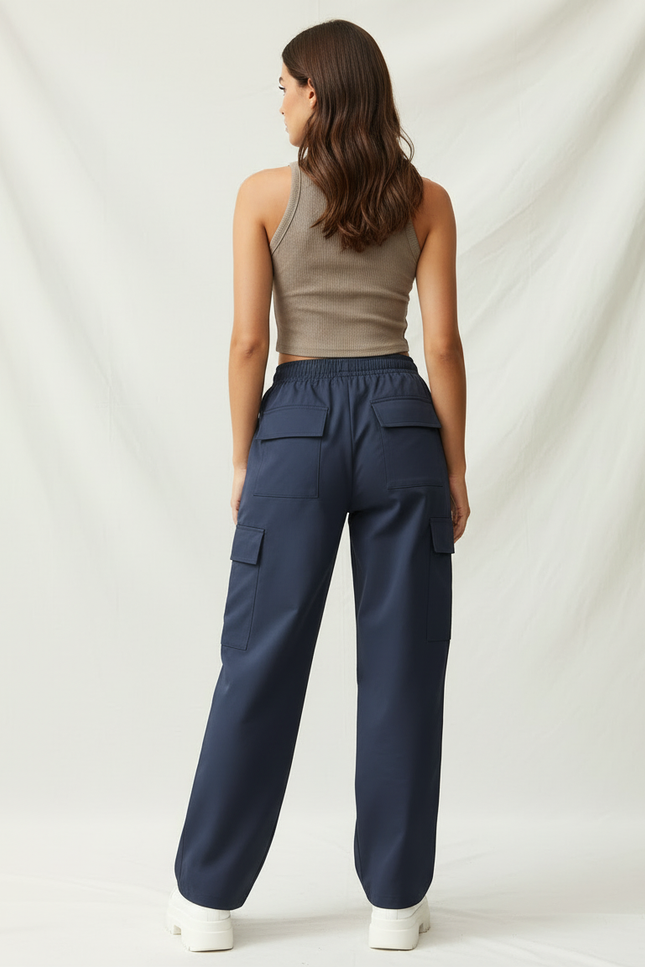 Pantalon Cargo Bleu Marine Ample Décontracté Multipoches Femme - Polyester - vue 2