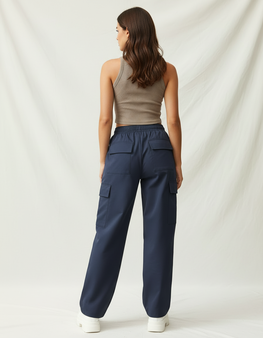 Pantalon Cargo Bleu Marine Ample Décontracté Multipoches Femme - Polyester - vue 2