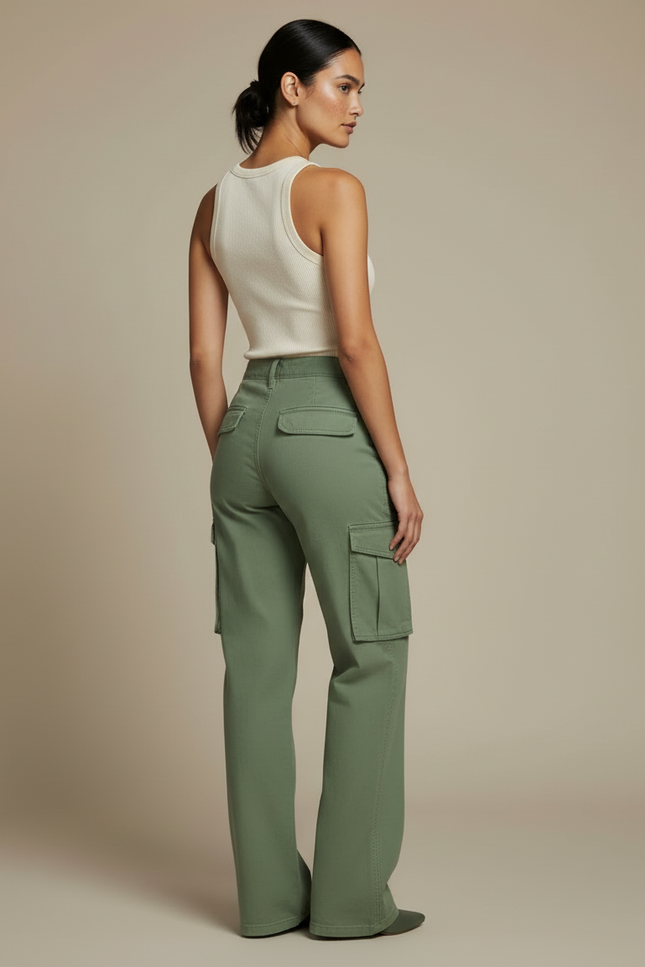 Pantalon Cargo Vert Ample Coton Taille Haute Femme - Kaki - vue 2
