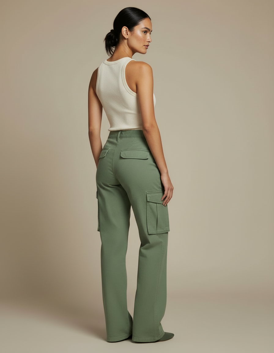 Pantalon Cargo Vert Ample Coton Taille Haute Femme - Kaki - vue 2