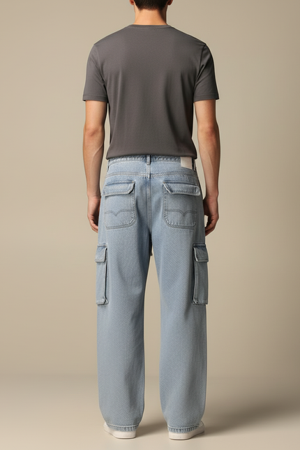 Pantalon Cargo Jean Ample Bleu Clair Cordon Homme - vue 2