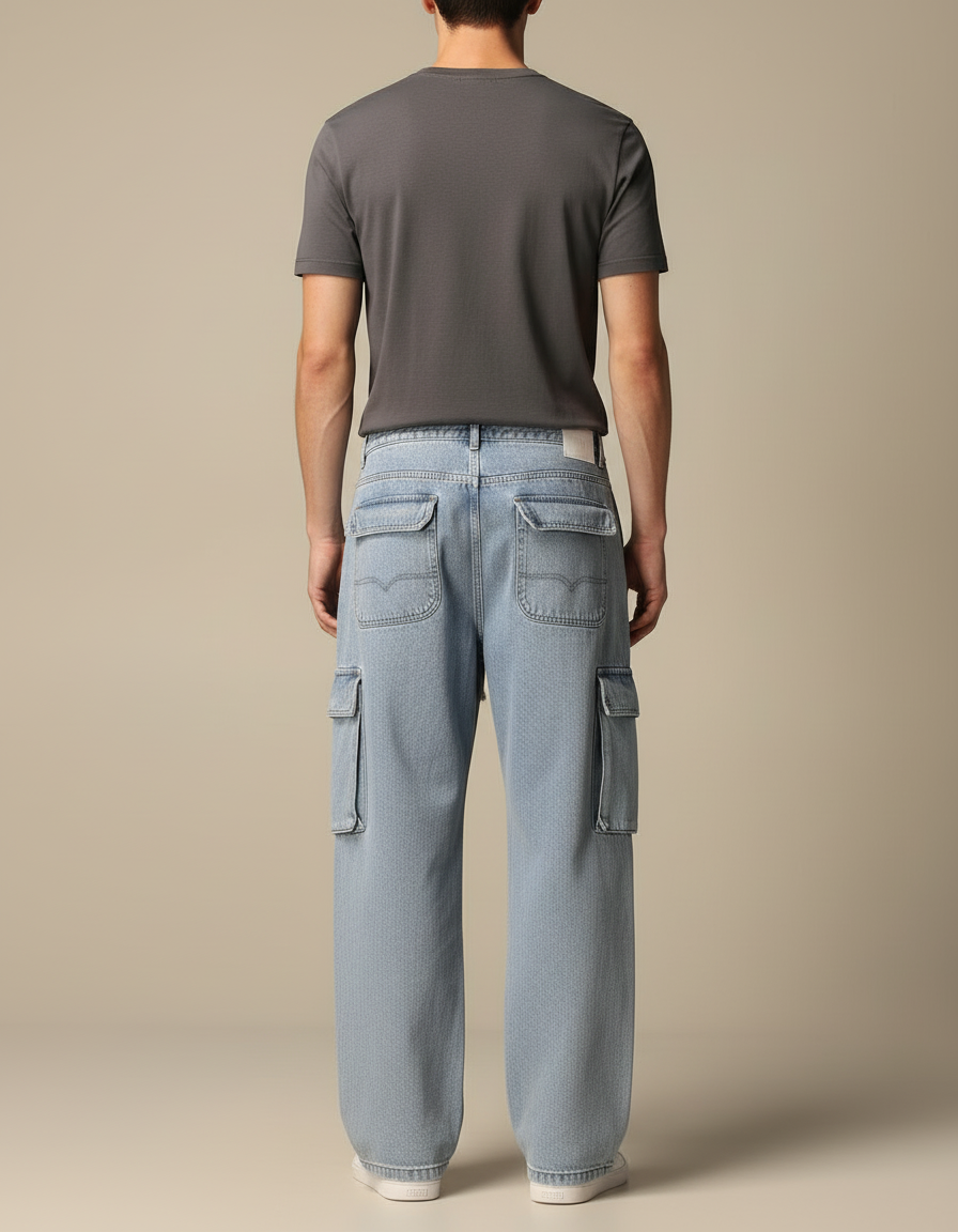 Pantalon Cargo Jean Ample Bleu Clair Cordon Homme - vue 2