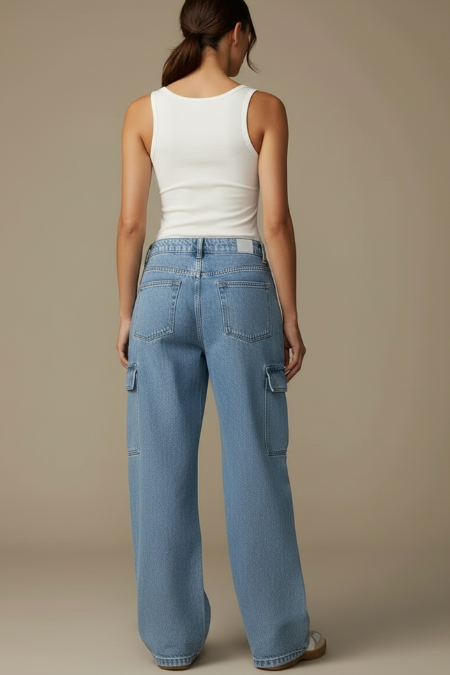 Pantalon Cargo Denim Ample Taille Haute Femme - Bleu Jean - vue 2
