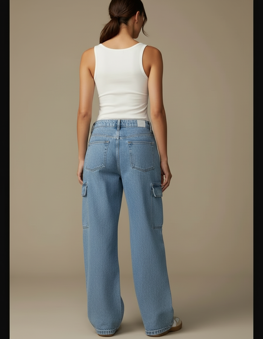 Pantalon Cargo Denim Ample Taille Haute Femme - Bleu Jean - vue 2