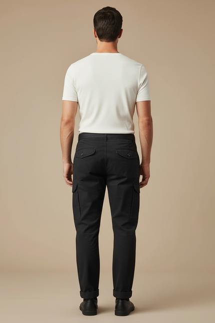 Pantalon Cargo Noir Coton Ceinture Décontracté Homme - vue 2