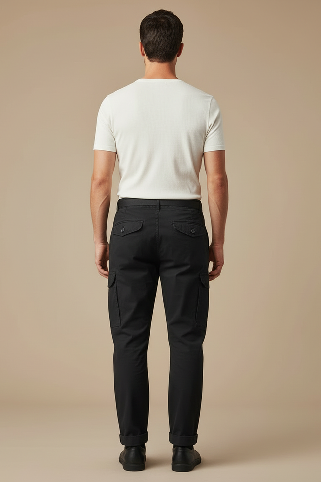 Pantalon Cargo Noir Coton Ceinture Décontracté Homme - vue 2