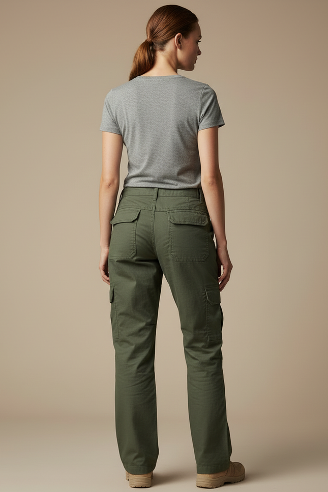 Pantalon Cargo Femme Vert Militaire Ample Multipoches - Kaki Toile - vue 2