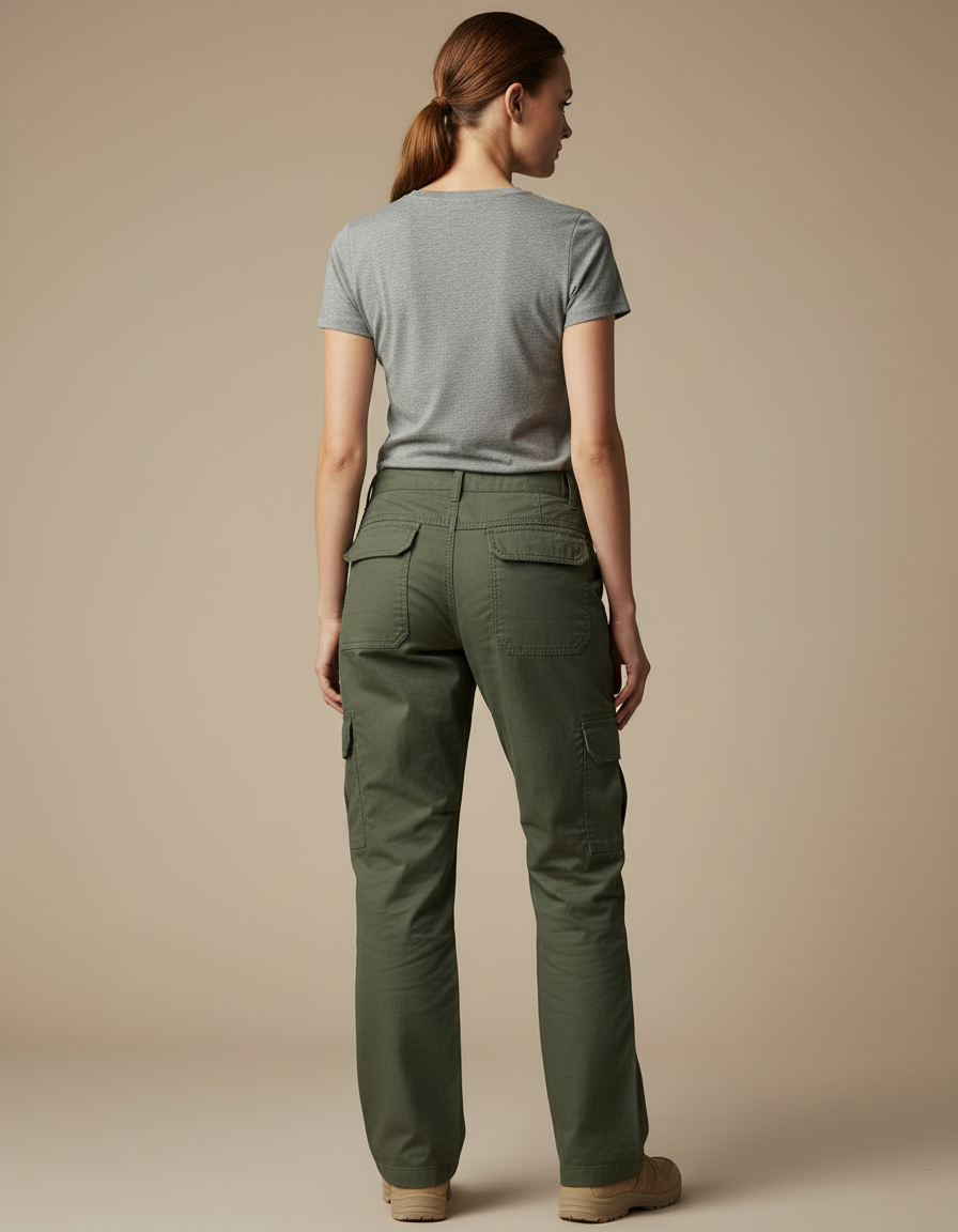 Pantalon Cargo Femme Vert Militaire Ample Multipoches - Kaki Toile - vue 2