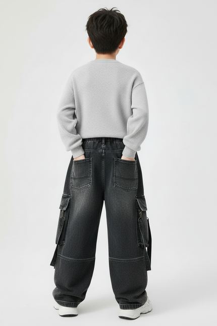 Pantalon Cargo Denim Ample Gris Multipoches Enfant - Jean - vue 2
