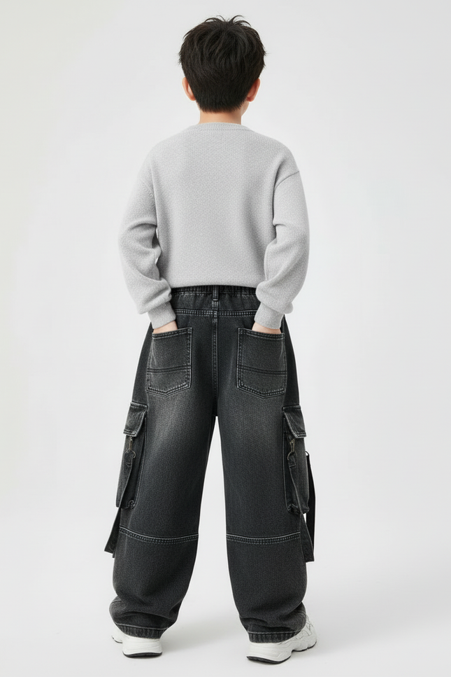 Pantalon Cargo Denim Ample Gris Multipoches Enfant - Jean - vue 2