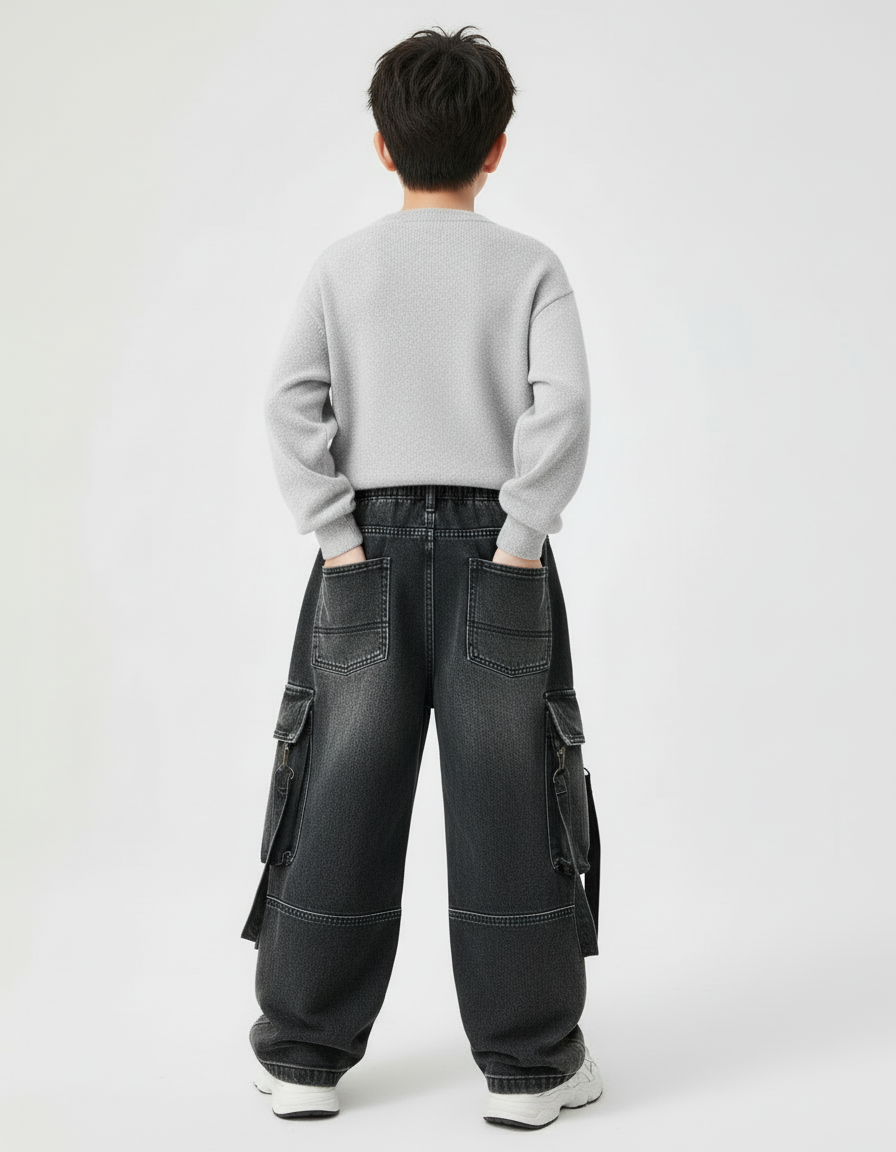 Pantalon Cargo Denim Ample Gris Multipoches Enfant - Jean - vue 2
