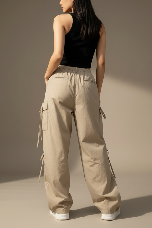 Pantalon Cargo Beige Ample Cordons Streetwear Femme - Toile - vue 2
