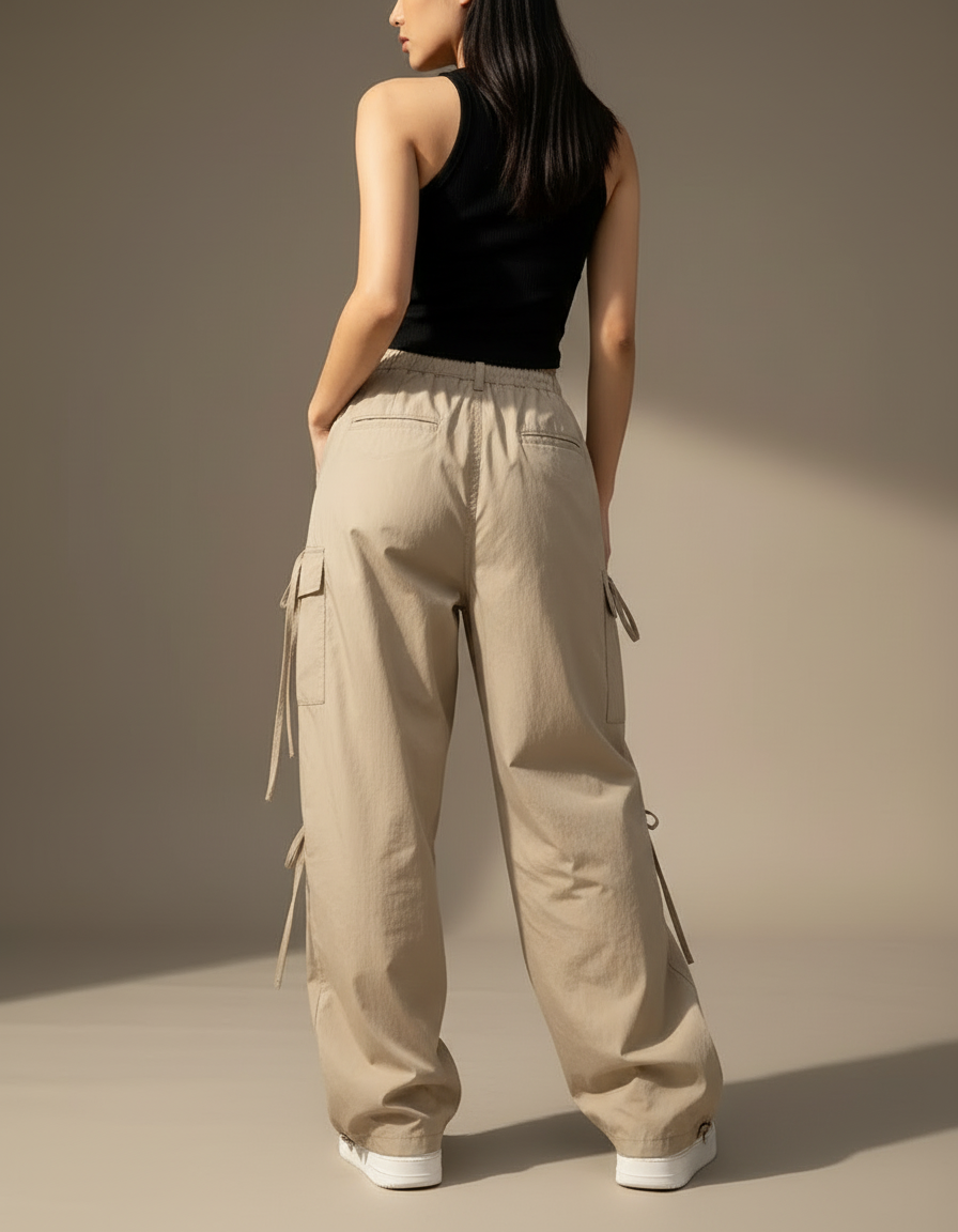 Pantalon Cargo Beige Ample Cordons Streetwear Femme - Toile - vue 2