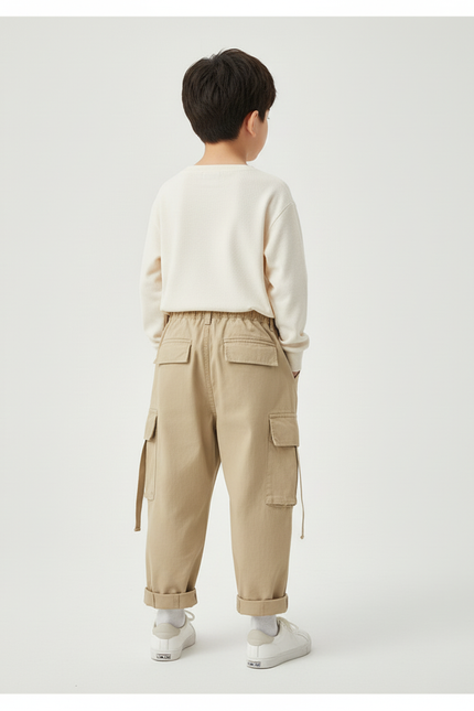 Pantalon Cargo Kaki Ample Coton Enfant Décontracté Multipoches - vue 2