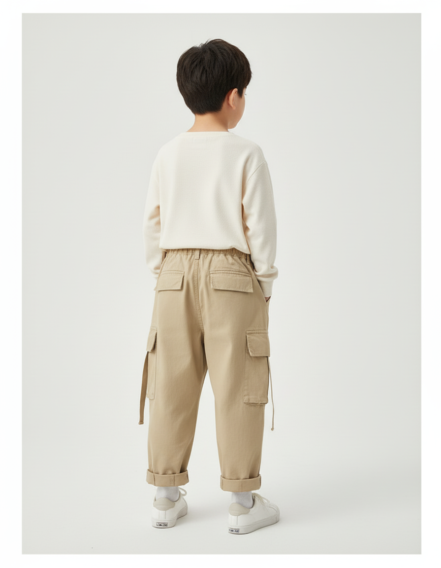 Pantalon Cargo Kaki Ample Coton Enfant Décontracté Multipoches - vue 2