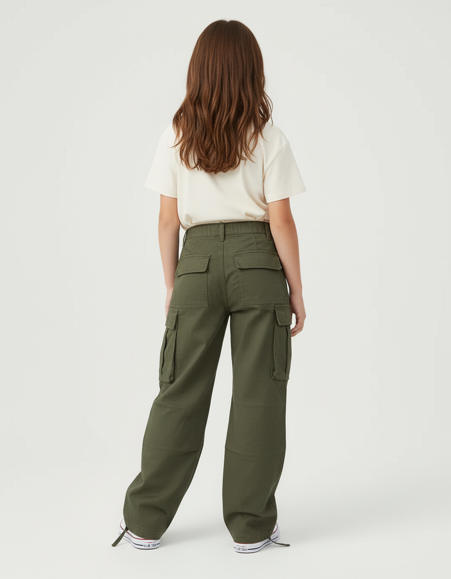 Pantalon Cargo Vert Kaki Ample Décontracté Multipoches - Toile - vue 2