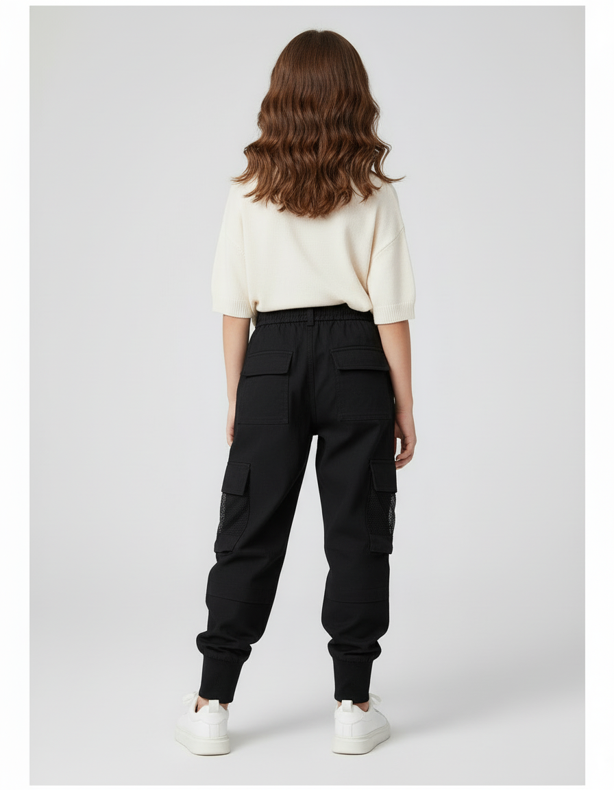 Pantalon Cargo Noir Ample Coton Multipoches Enfant Urbain - vue 2