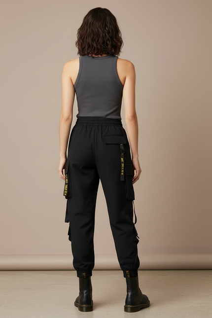 Pantalon Cargo Noir Ample Streetwear Multi-Poches Femme - Polyester - vue 2