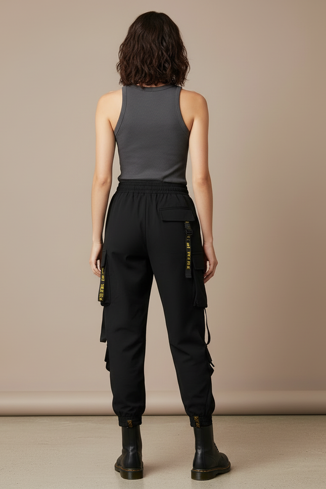 Pantalon Cargo Noir Ample Streetwear Multi-Poches Femme - Polyester - vue 2