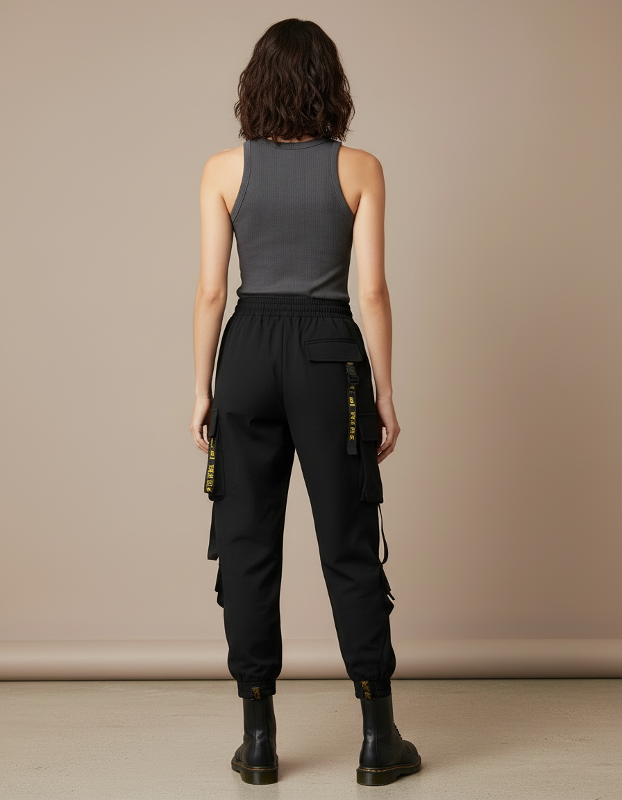 Pantalon Cargo Noir Ample Streetwear Multi-Poches Femme - Polyester - vue 2